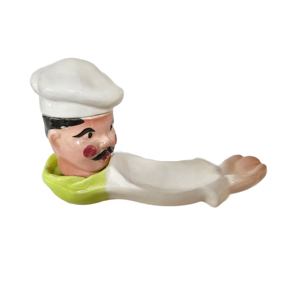 Vintage 1940 - 1950 Japan Chef Head Stacking Salt & Pepper Shakers w/ Spoon Rest - Picture 2 of 4